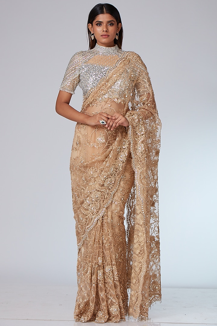Gold Lace Embellished Bridal Saree Set by Neeta Lulla at Pernia's Pop Up Shop