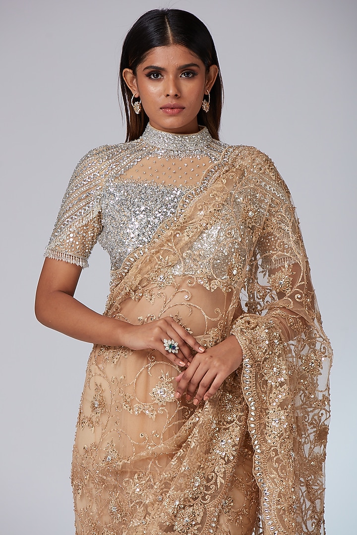 Gold Lace Embellished Bridal Saree Set by Neeta Lulla at Pernia's Pop Up Shop