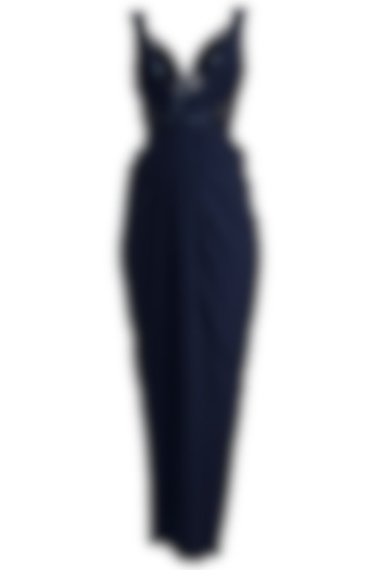 Midnight Blue Embroidered Pleated Gown by Neeta Lulla