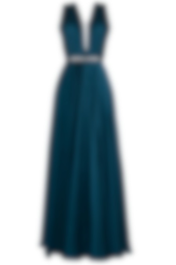 Teal Gown With Embroidered Belt by Neeta Lulla