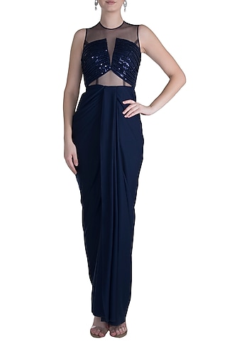 Midnight Blue Sequins Embroidered Gown by Neeta Lulla