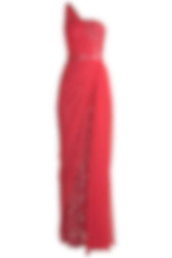 Red One Shoulder Lace Gown by Neeta Lulla