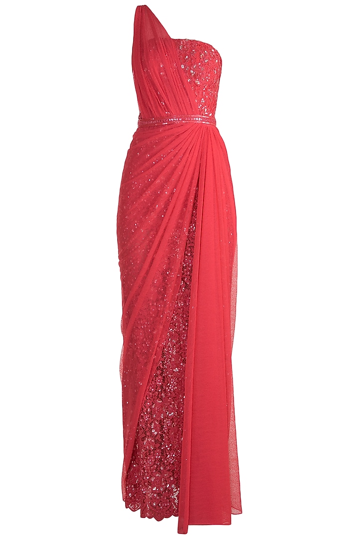 Red One Shoulder Lace Gown by Neeta Lulla at Pernia's Pop Up Shop