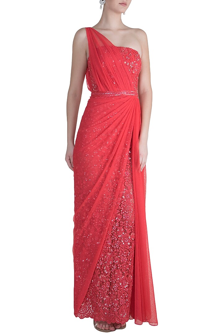 Red One Shoulder Lace Gown by Neeta Lulla at Pernia's Pop Up Shop