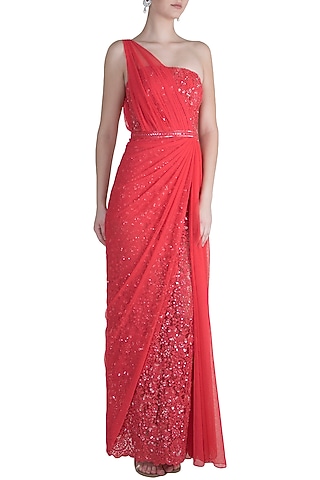 Red One Shoulder Lace Gown by Neeta Lulla