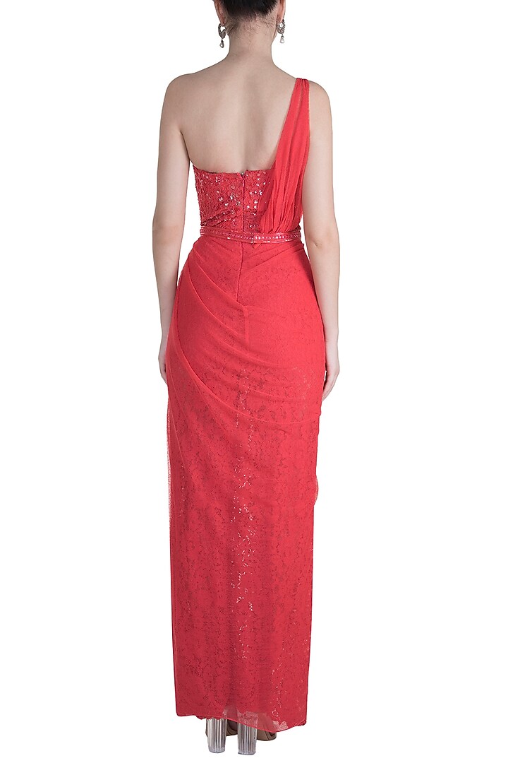 Red One Shoulder Lace Gown by Neeta Lulla at Pernia's Pop Up Shop