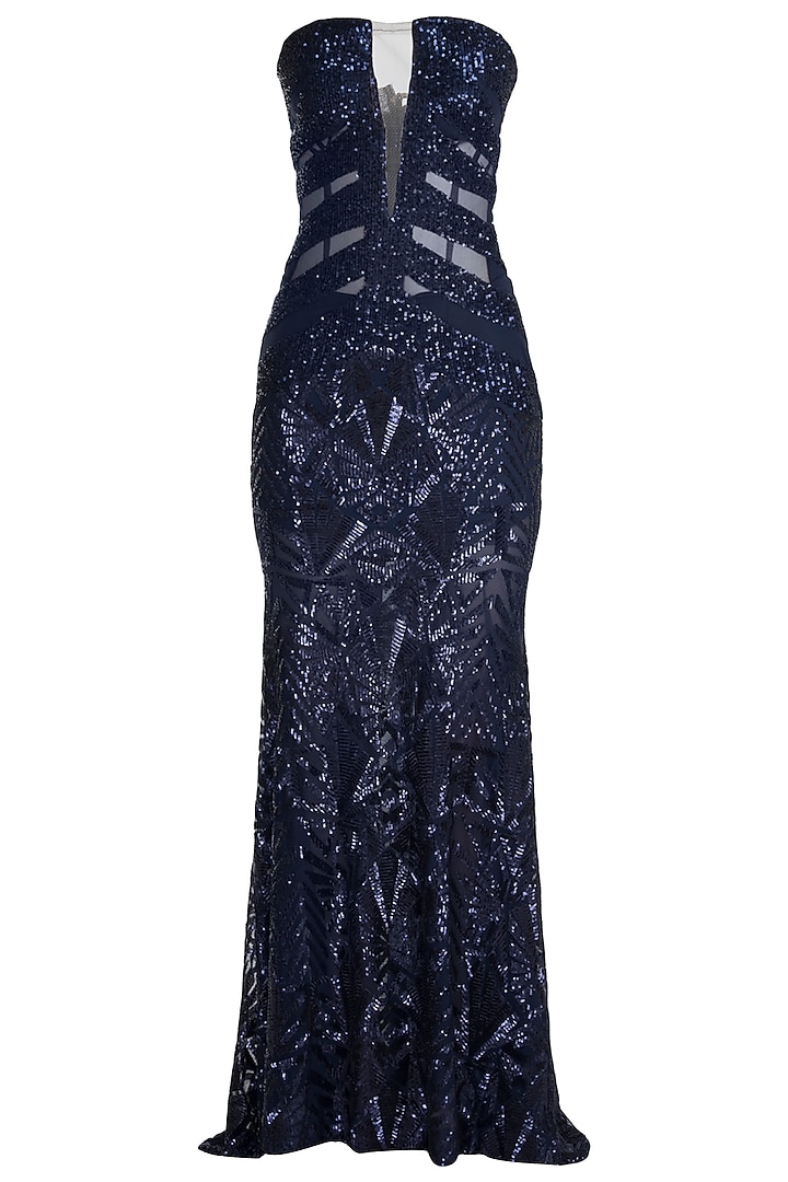 Midnight Blue Embroidered Sequins Tube Gown by Neeta Lulla