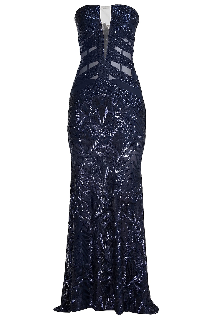 Midnight Blue Embroidered Sequins Tube Gown by Neeta Lulla at Pernia's Pop Up Shop