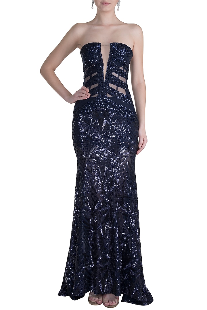 Midnight Blue Embroidered Sequins Tube Gown by Neeta Lulla at Pernia's Pop Up Shop