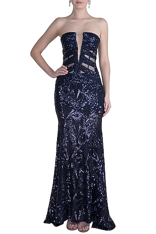 Midnight Blue Embroidered Sequins Tube Gown by Neeta Lulla
