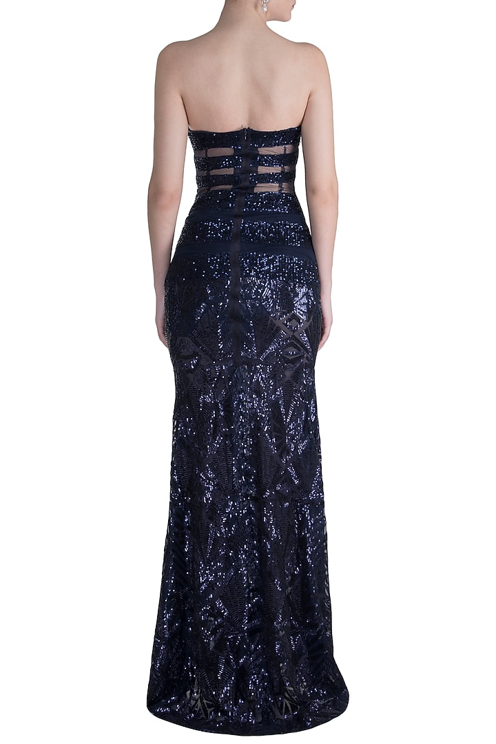 Midnight Blue Embroidered Sequins Tube Gown by Neeta Lulla at Pernia's Pop Up Shop