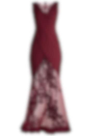 Maroon Embroidered Sheer Gown by Neeta Lulla