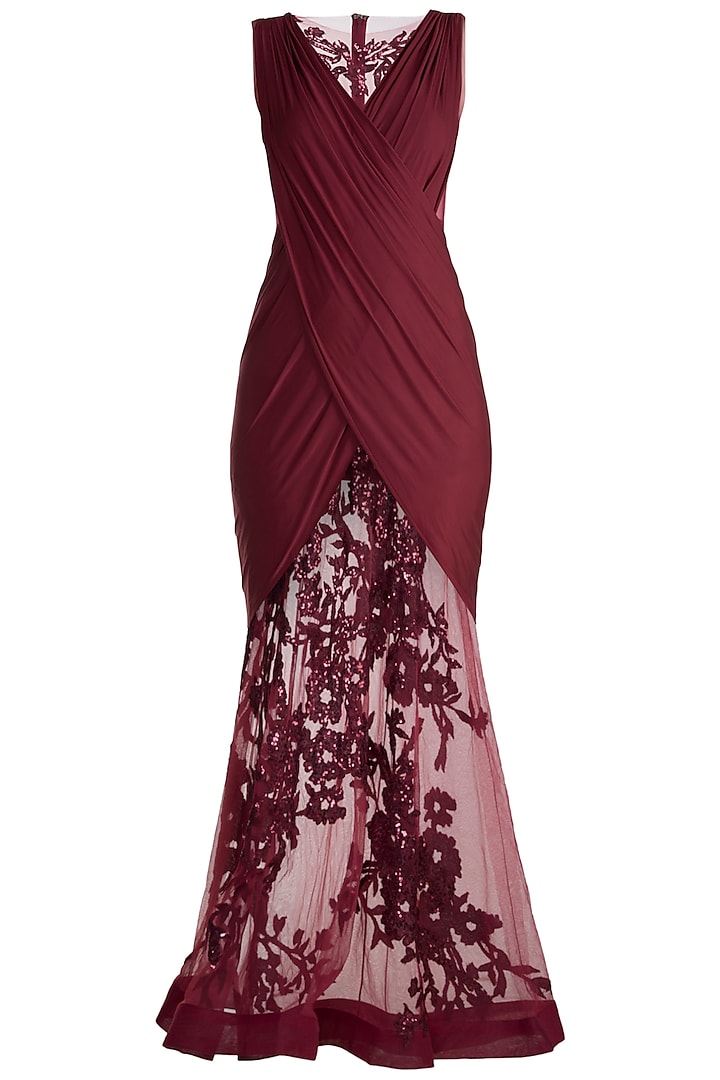 Maroon Embroidered Sheer Gown by Neeta Lulla
