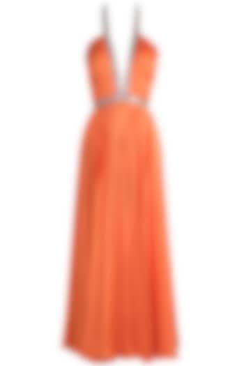 Orange Embroidered Halter Neck gown by Neeta Lulla
