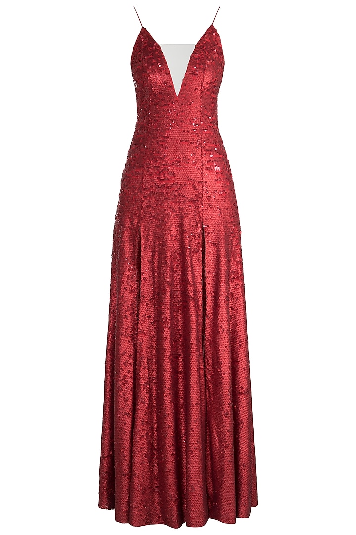 Red Strappy Sequins Gown by Neeta Lulla