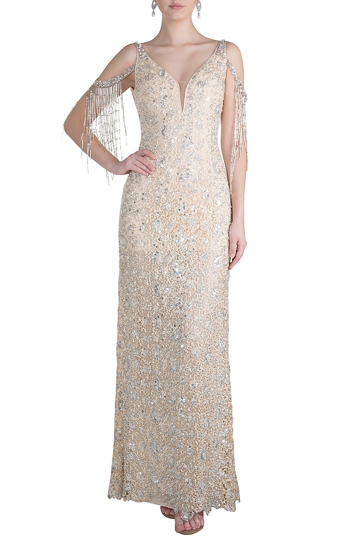 Cream Embroidered Cold Shoulder Tassel Gown by Neeta Lulla at Pernia's Pop Up Shop