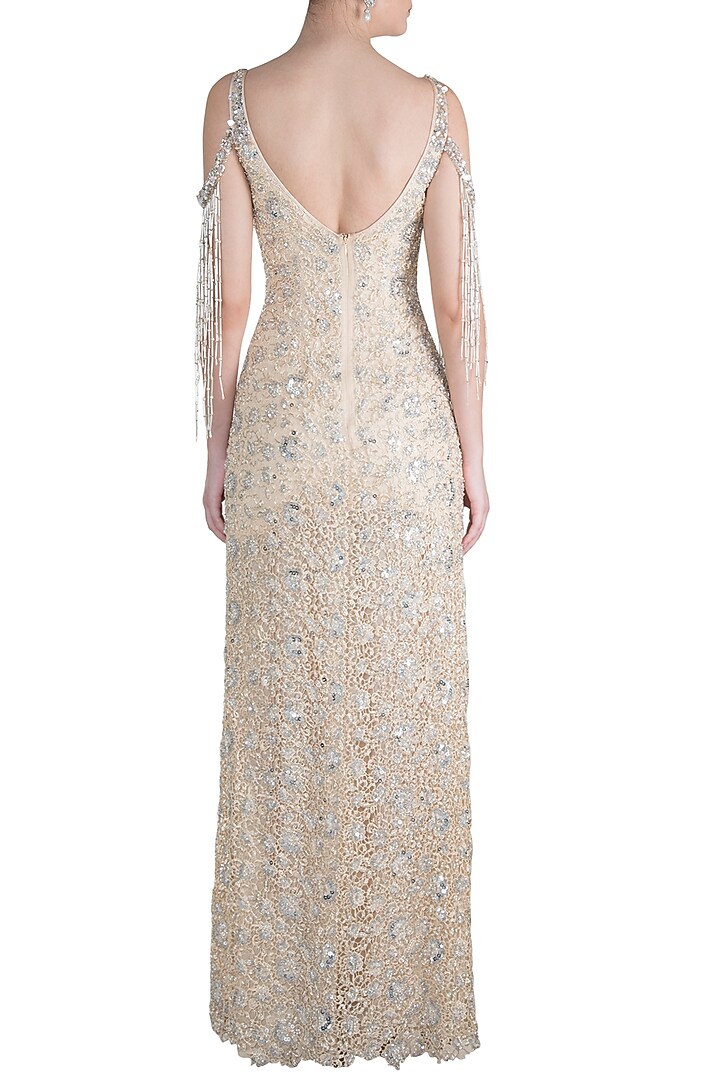 Cream Embroidered Cold Shoulder Tassel Gown by Neeta Lulla at Pernia's Pop Up Shop