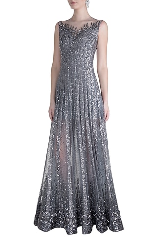 Grey Sequins Embroidered Sheer Gown by Neeta Lulla
