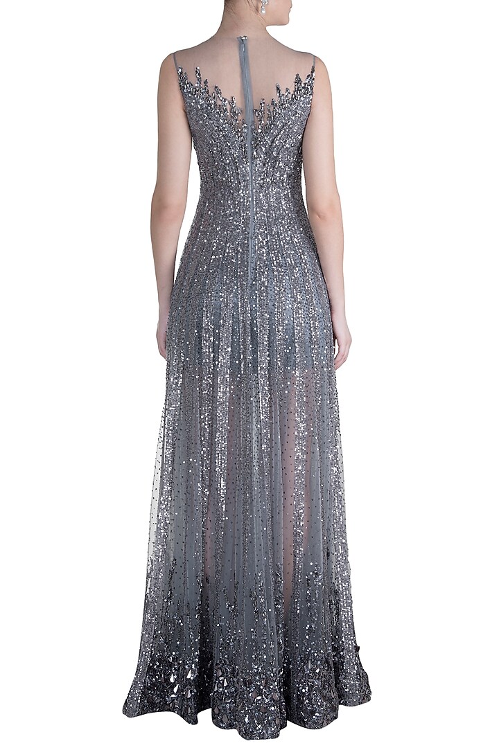 Grey Sequins Embroidered Sheer Gown by Neeta Lulla at Pernia's Pop Up Shop