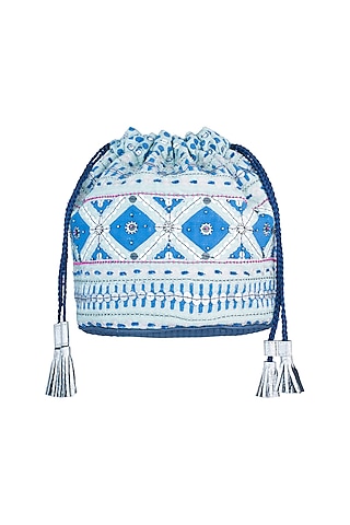 Mint Blue Handblock Printed & Embroidered Geometric Drawstring Bag by Neonia