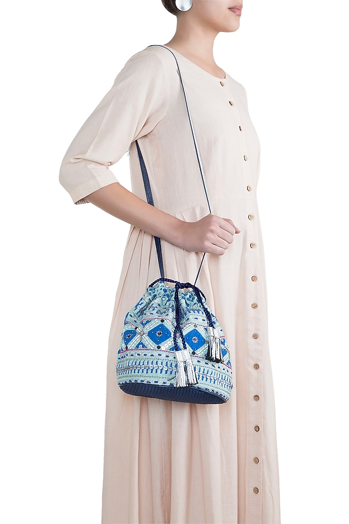 Mint Blue Handblock Printed & Embroidered Geometric Drawstring Bag by Neonia at Pernia's Pop Up Shop