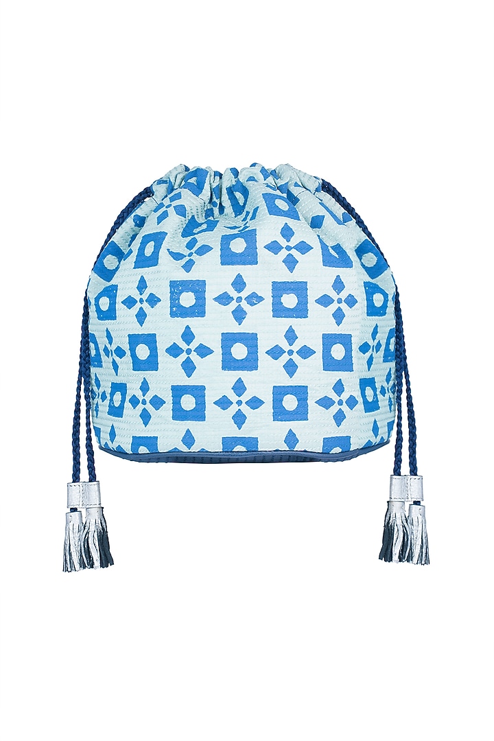 Mint Blue Handblock Printed & Embroidered Geometric Drawstring Bag by Neonia at Pernia's Pop Up Shop
