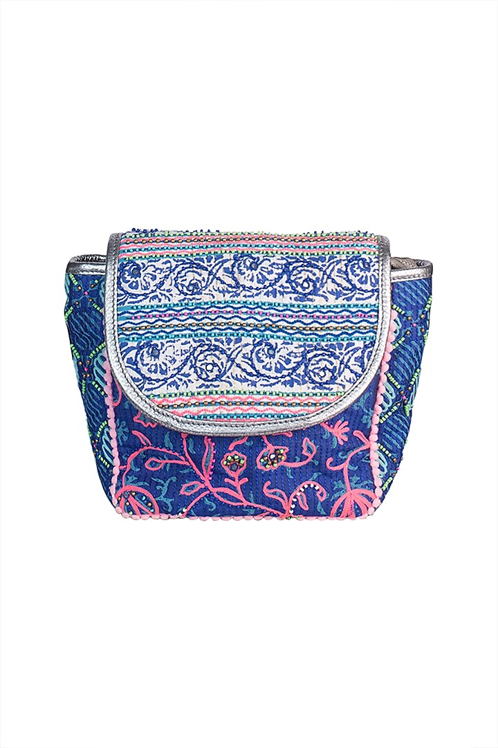 Blue Handblock Printed Embroidered Sequins Bag by Neonia