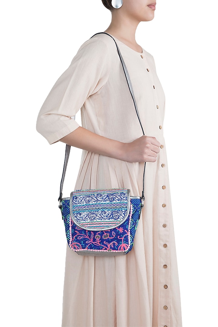 Blue Handblock Printed Embroidered Sequins Bag by Neonia at Pernia's Pop Up Shop