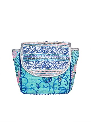 Green Handblock Printed Embroidered Sequins Bag by Neonia
