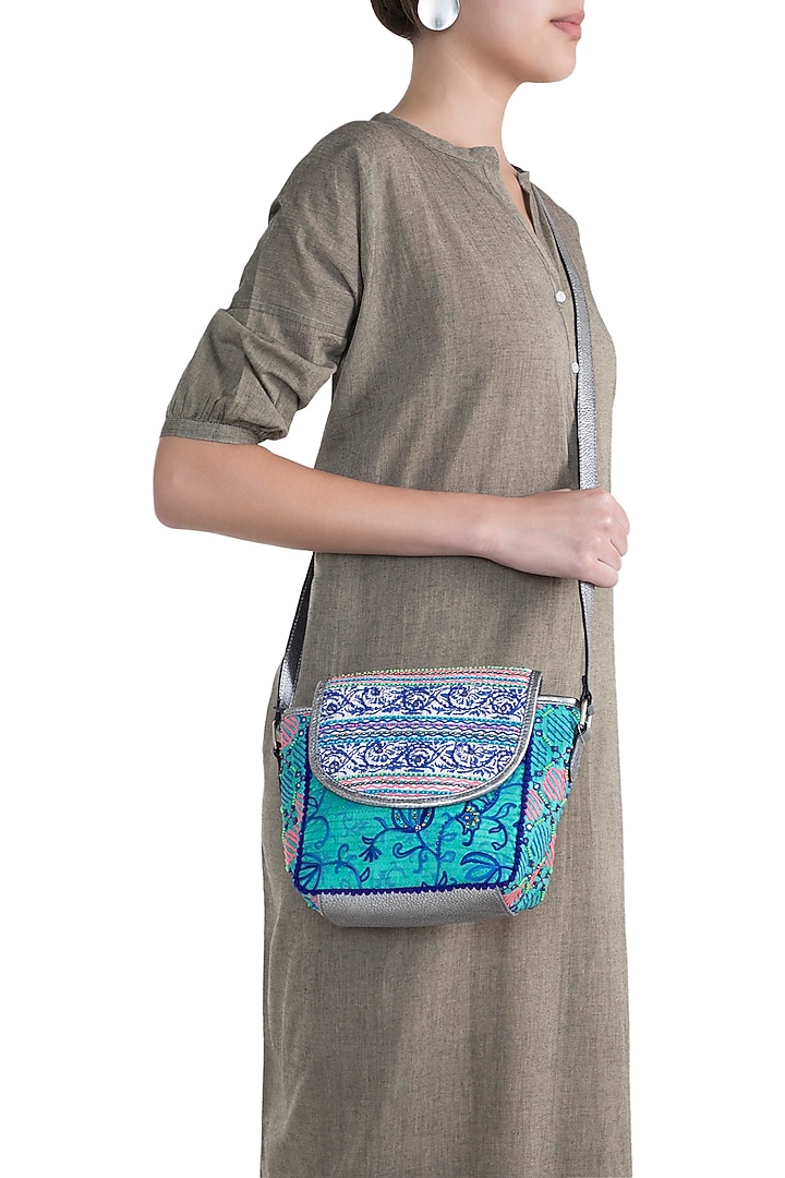 Green Handblock Printed Embroidered Sequins Bag by Neonia at Pernia's Pop Up Shop