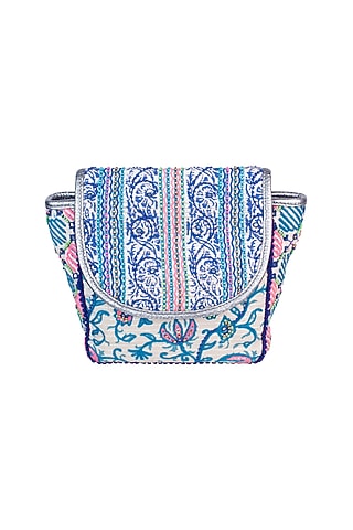 Blue & White Handblock Printed Embroidered Sequins Sling Bag by Neonia
