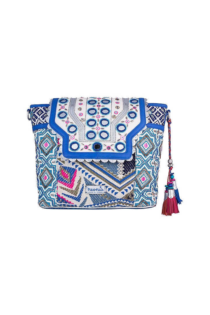White & Blue Handblock Printed Embroidered Crossbody Tote Bag by Neonia
