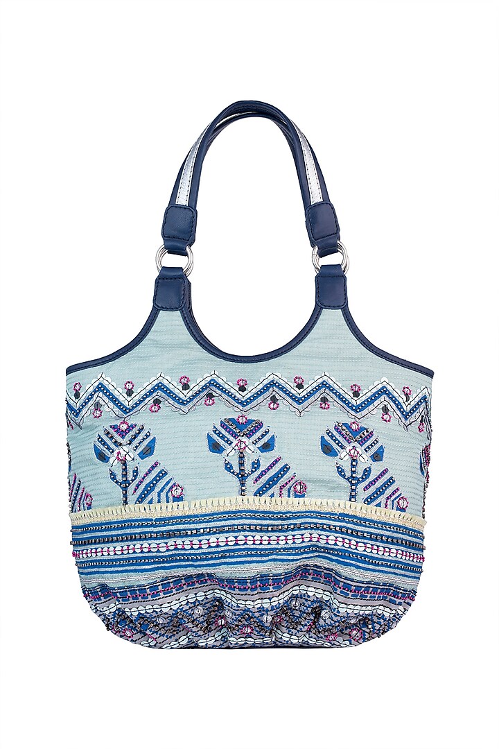 Mint Blue Handblock Printed & Embroidered Hobo Bag by Neonia