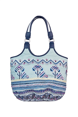 Mint Blue Handblock Printed & Embroidered Hobo Bag by Neonia