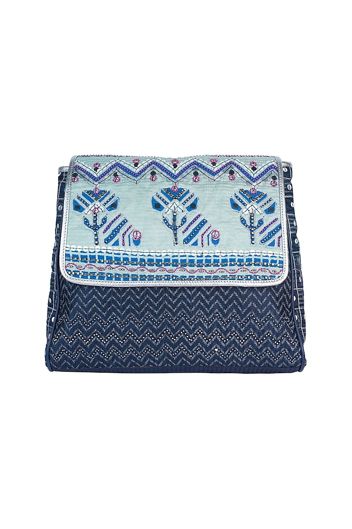 Navy Blue Handblock Printed Embroidered Briefcase Bag by Neonia