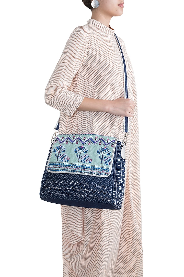 Navy Blue Handblock Printed Embroidered Briefcase Bag by Neonia at Pernia's Pop Up Shop
