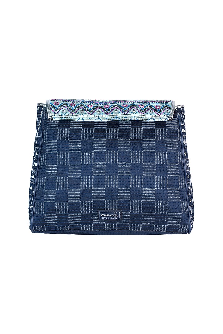 Navy Blue Handblock Printed Embroidered Briefcase Bag by Neonia at Pernia's Pop Up Shop