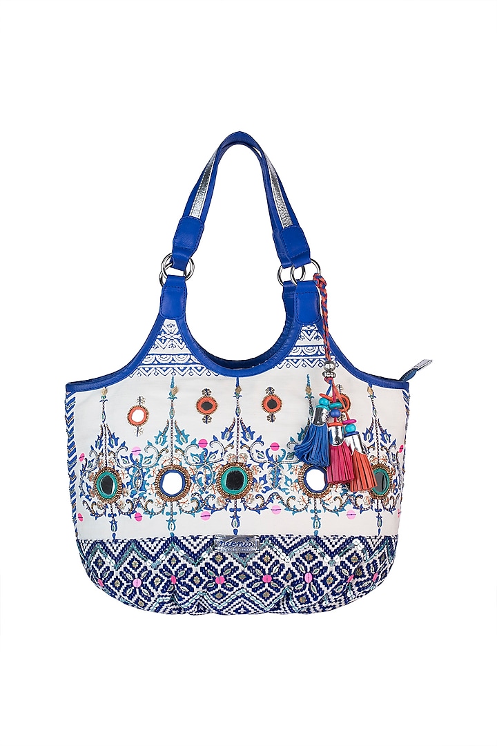 White & Blue Handblock Printed Embroidered Tasseled Hobo Bag by Neonia