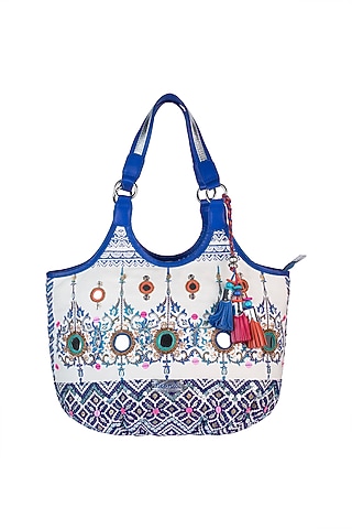 White & Blue Handblock Printed Embroidered Tasseled Hobo Bag by Neonia