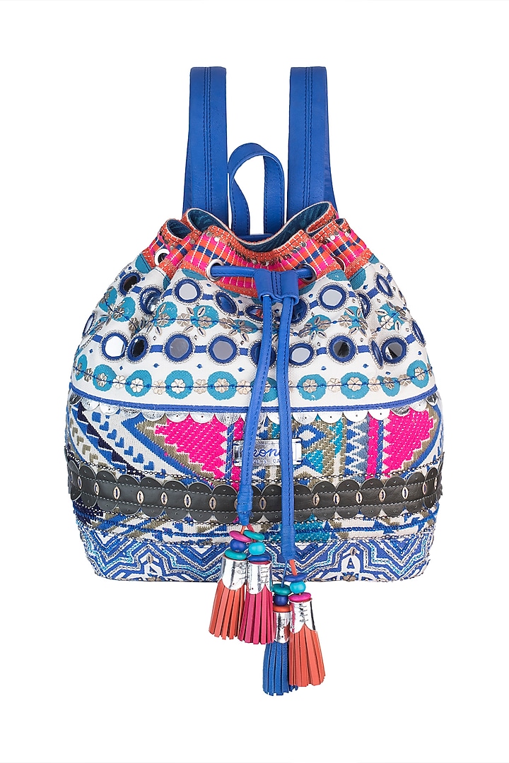 Blue & White Handblock Printed Embroidered Drawstring Backpack by Neonia