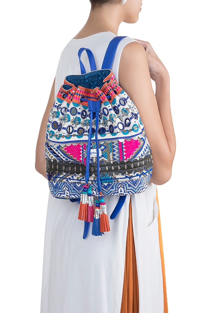 Blue & White Handblock Printed Embroidered Drawstring Backpack by Neonia at Pernia's Pop Up Shop