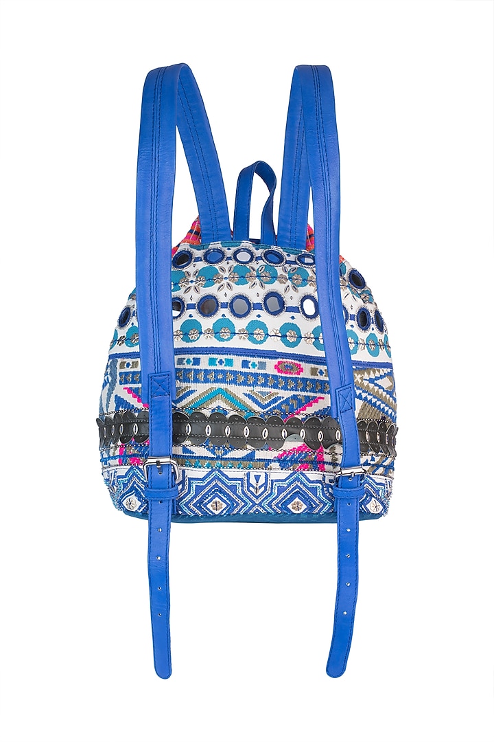 Blue & White Handblock Printed Embroidered Drawstring Backpack by Neonia at Pernia's Pop Up Shop