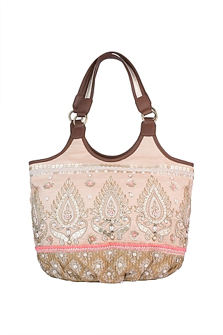 Peach Handblock Printed & Embroidered Hobo Bag by Neonia