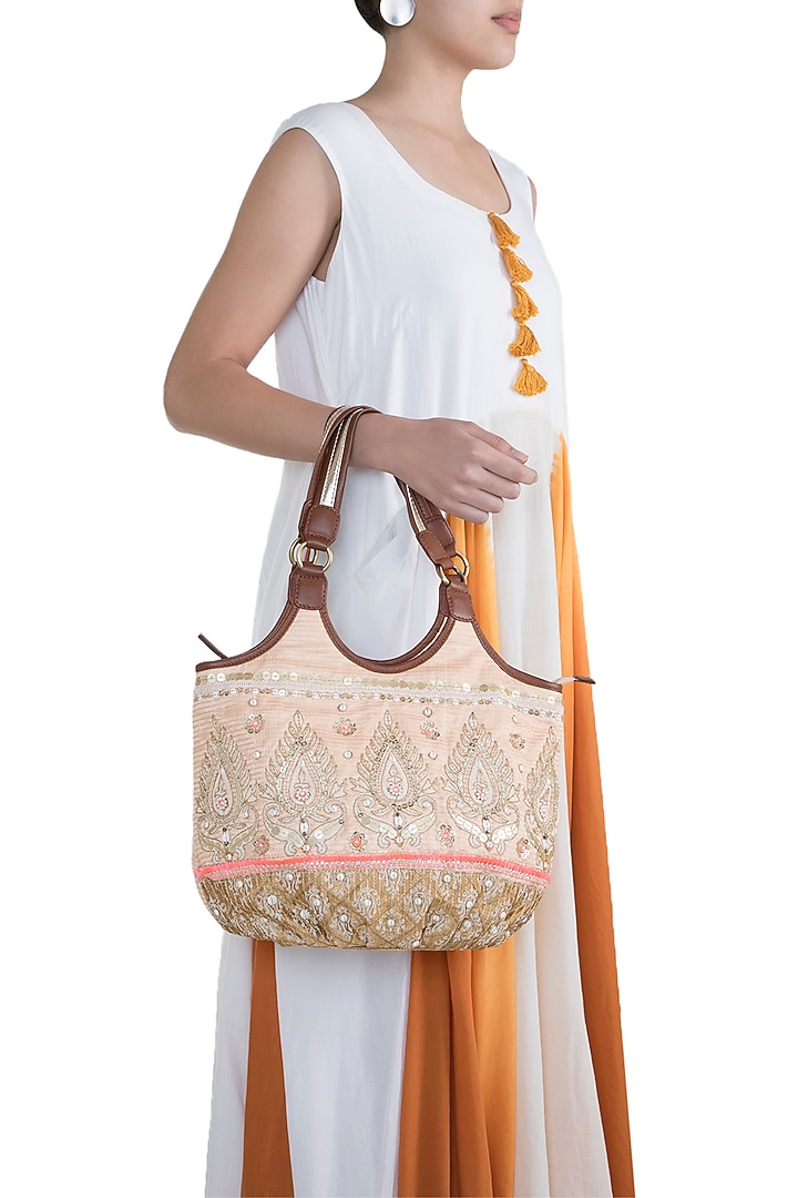 Peach Handblock Printed & Embroidered Hobo Bag by Neonia at Pernia's Pop Up Shop
