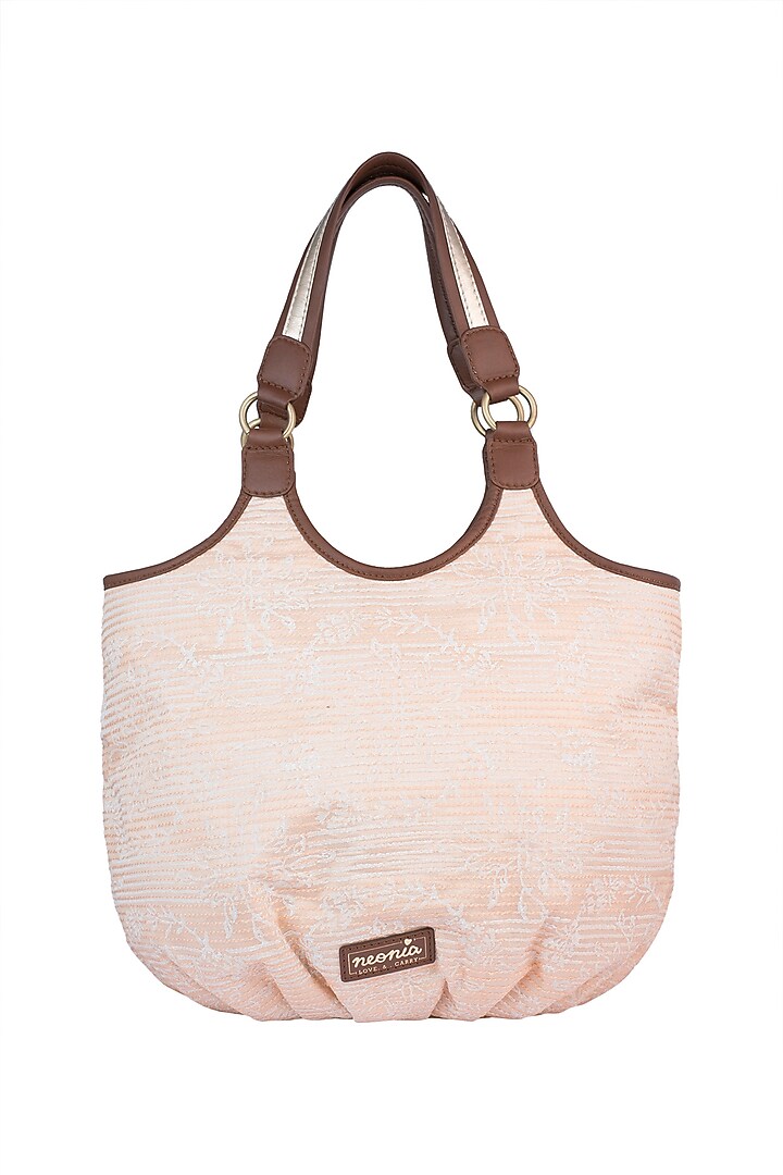 Peach Handblock Printed & Embroidered Hobo Bag by Neonia at Pernia's Pop Up Shop