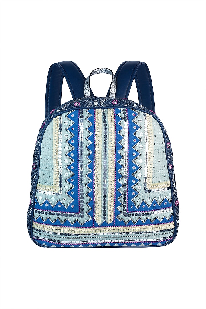 Mint Blue Handblock Printed & Embroidered Backpack by Neonia