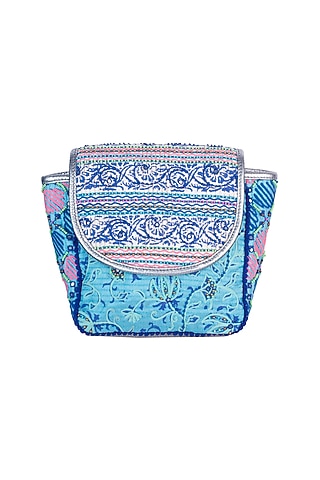 Light Blue Handblock Printed Embroidered Sequins Bag by Neonia