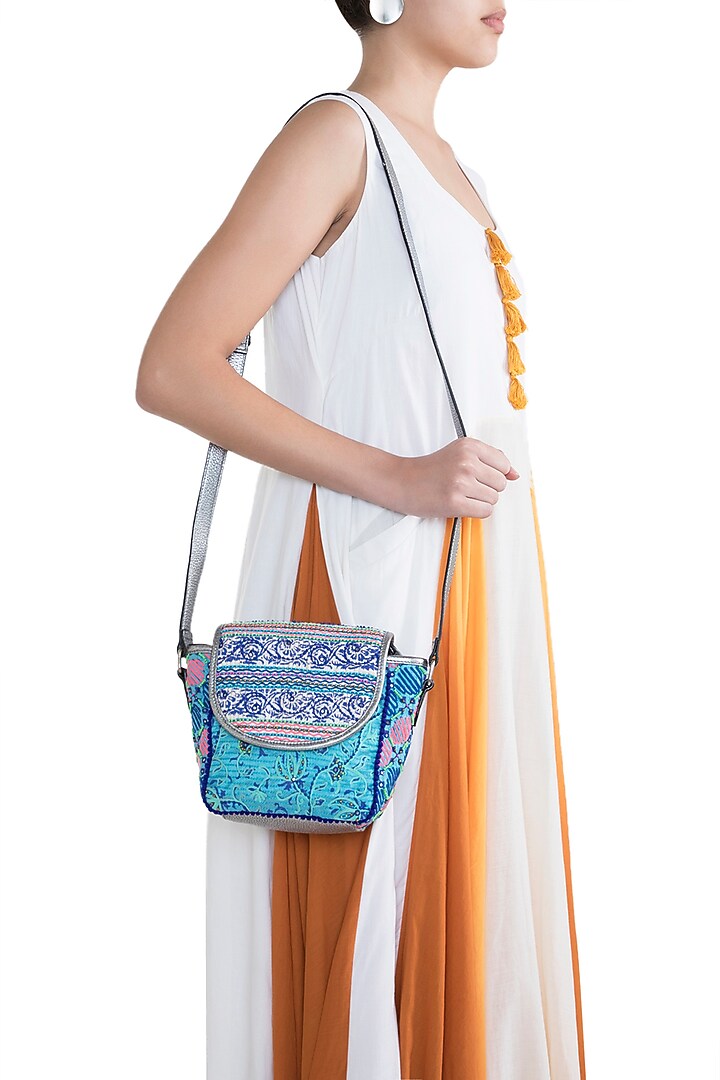 Light Blue Handblock Printed Embroidered Sequins Bag by Neonia at Pernia's Pop Up Shop