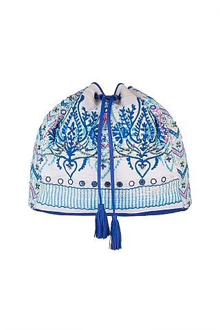 Blue & White Handblock Printed Embroidered Geometric Drawstring Backpack by Neonia