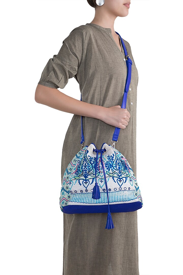 Blue & White Handblock Printed Embroidered Geometric Drawstring Backpack by Neonia at Pernia's Pop Up Shop